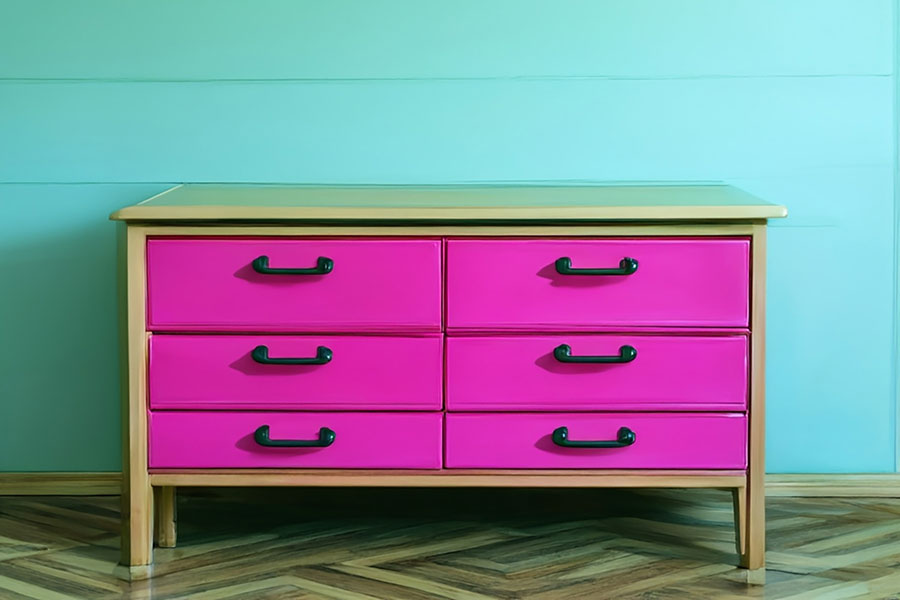 Idee fai da te per l’upcycling di materiali: l’immagine mostra un vecchio comò a sei cassetti che sono stati riverniciati di rosa.