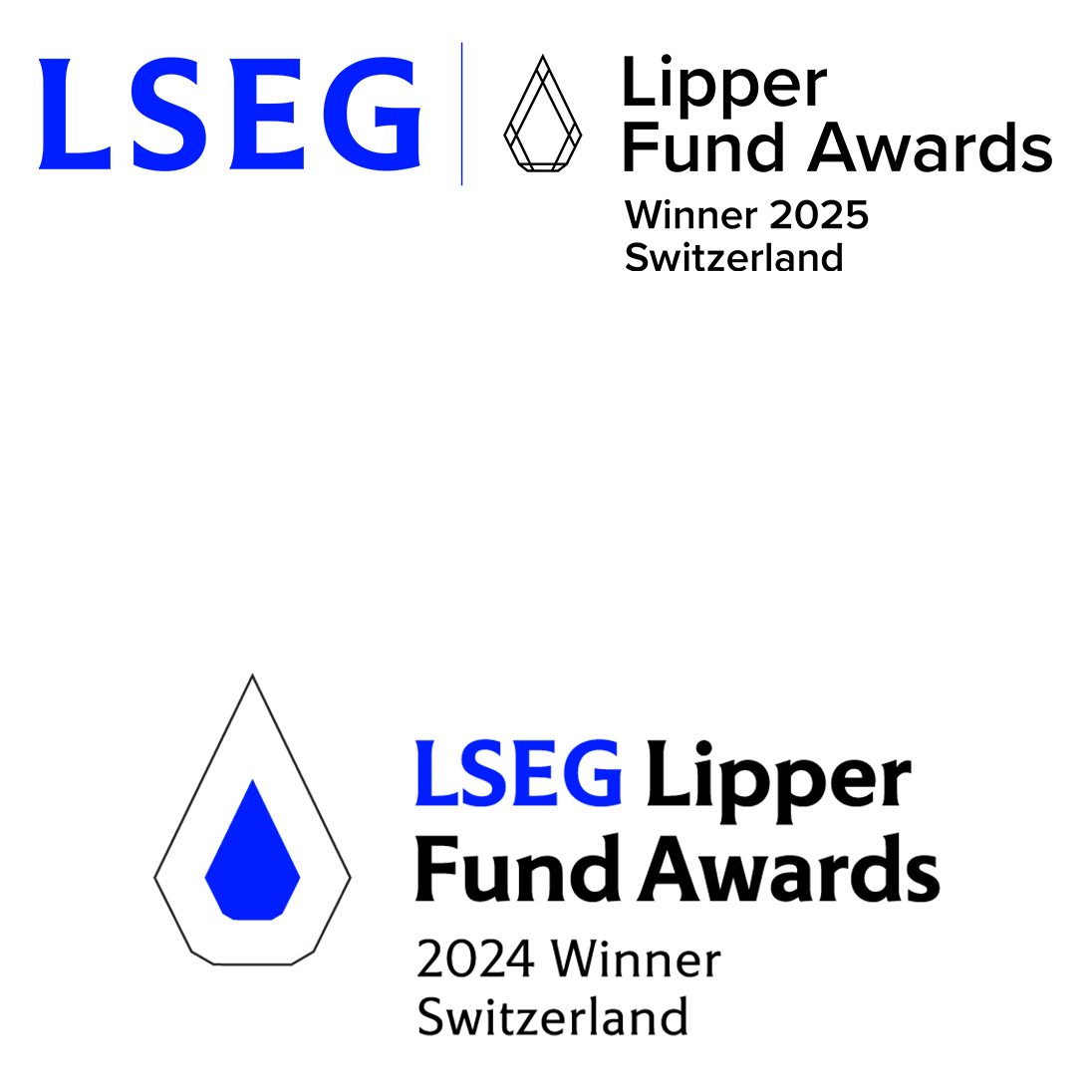 Ausgezeichnete Vorsorgefonds im Fokus – offizielles Logo der LSEG Lipper Fund Awards Switzerland, Symbol für Qualität und Beständigkeit. PostFinance wurde 2025 für ihre Vorsorgefonds ausgezeichnet.