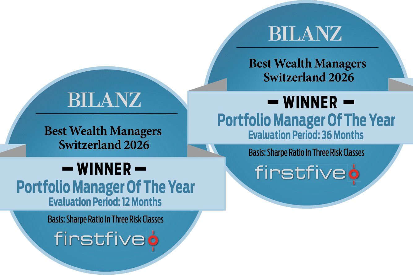 The image shows the double seal of BILANZ magazine and is entitled “Best asset managers in Switzerland 2026”. The award shows what PostFinance has won: winner in the category of “Asset manager of the year – over 12 and 36 months” and “Basis: Sharpe ratio in three risk categories”. The seal was issued by the firm firstfive.