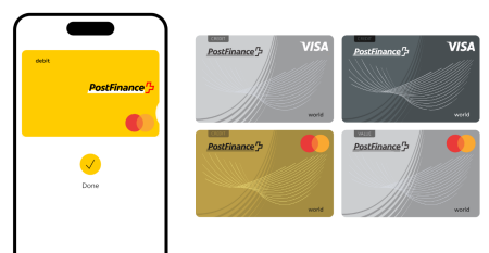 L’image montre différentes cartes de PostFinance qui peuvent être configurées sur Apple Pay. On y voit la PostFinance Card avec Debit Mastercard ainsi que les cartes de crédit Classic/Standard et Gold de Visa et Mastercard.