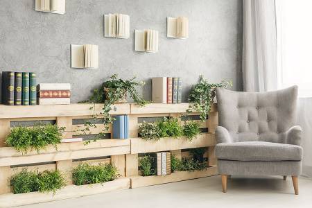 Idee fai da te per l’upcycling di materiali: l’immagine mostra un ambiente con numerose piante poste su uno scaffale a parete realizzato con pallet.